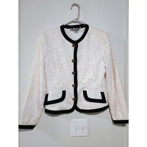 Carlisle 100% Silk Lace Blazer Ivory Black Trim Gold Buttons Women’s Sz 8